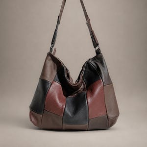 Soft Leather Hobo Bag with Wide Strap. Roomy Patchwork Shoulder Purse for Daily Use