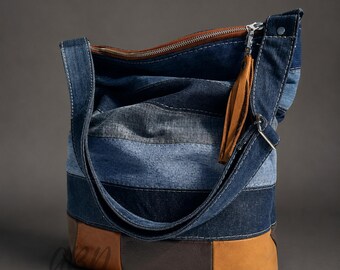 Upcycled Patchwork Denim Crossbody Bag, Handmade Jeans Shoulder Handbag