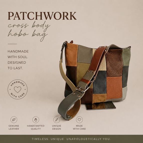 Leather Crossbody Bag in Patchwork, Handmade Purse in Neutral