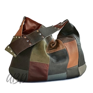 Leder Hobo Bag Patchwork | Weiche Slouchy Schulter Handtasche | Große Damen Leder Geldbörse | Neutrale Farben für den alltäglichen Stil