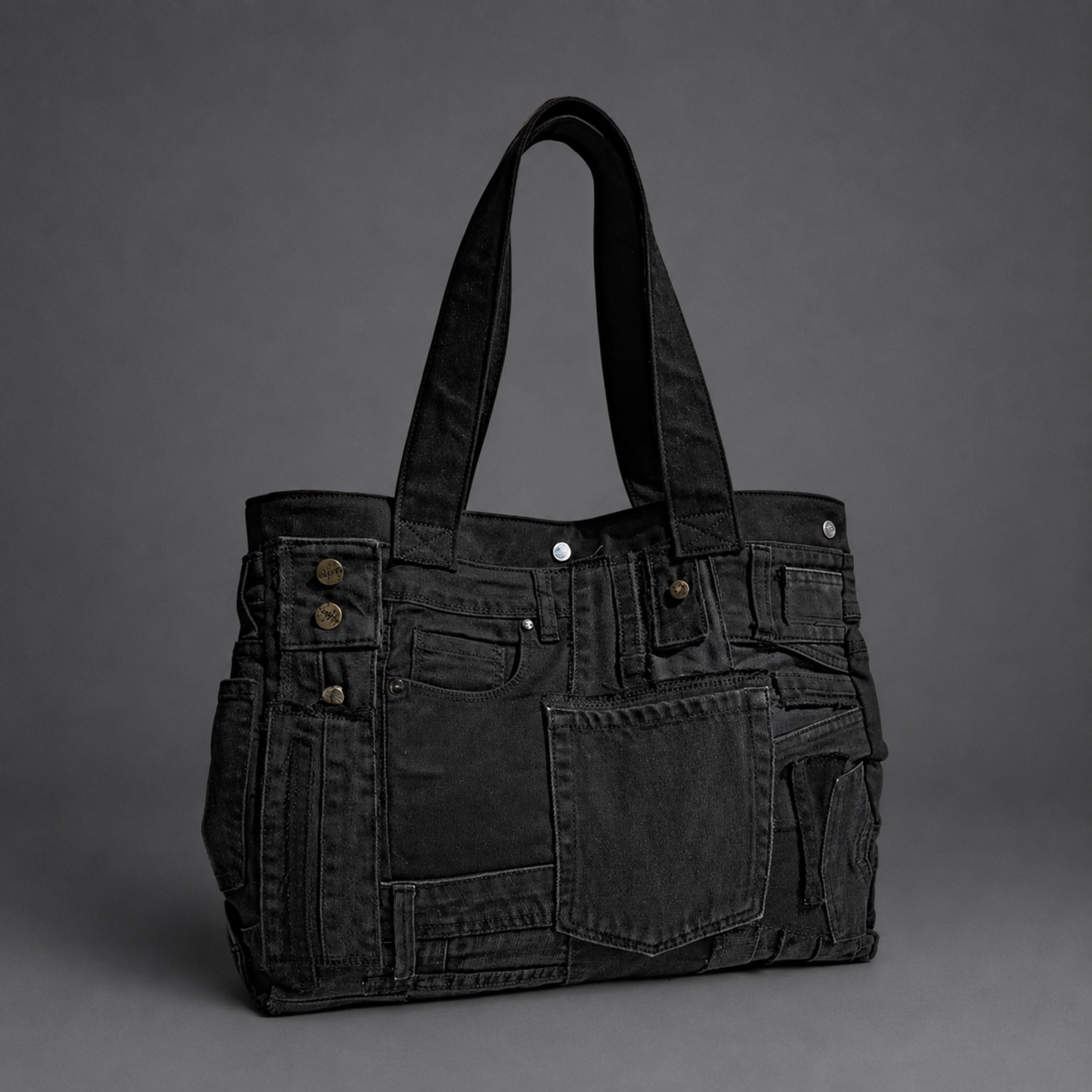 Black Denim Tote, Upcycled Jeans Shoulder Bag. Large Everyday