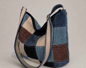 Upcycled Denim Patchwork Crossbody Bag, Recycled Jeans Purse for Everyday Use