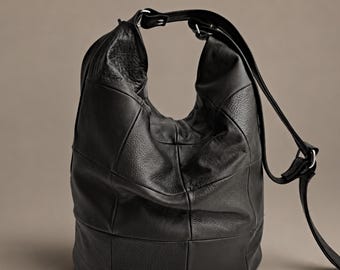 Slouchy Black Leather Hobo Bag: Handmade Shoulder Purse