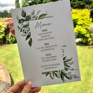 A5 Tarjetas de menú de boda, Vegano, Vegetariano, Tarjetas de menú de cena, Menú floral, Eucalipto, Boda de vegetación