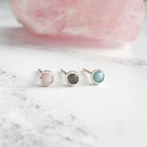 Sterling Silver Gemstone Stud - 3mm Studs - Pink Opal - Larimar Stud - Grey Moonstone - Crystal Studs