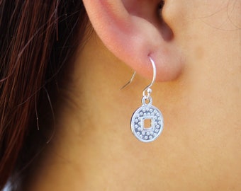 Sterling Silver Small Disc Drop Earrings - Boho Coin Earrings - Gift for Her