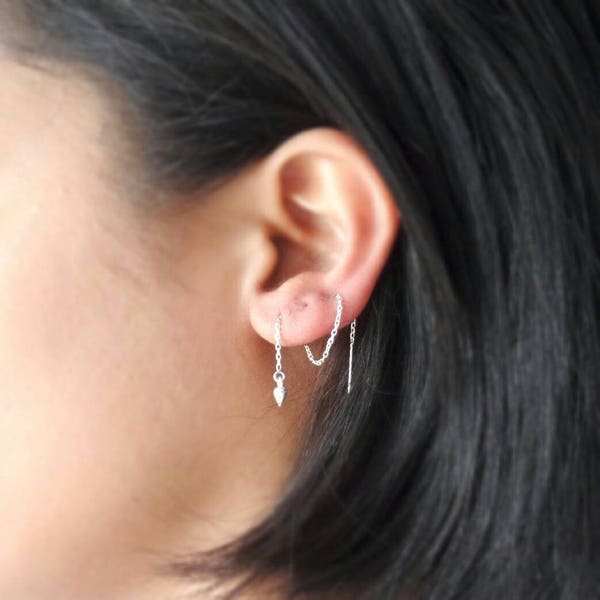 Double Piercing Earring - Sterling Silver - Thread Earring - Punk Earring