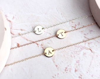 Personalised Disc Bracelet - 14k Gold Filled - Hand Stamped Initial Bracelet - Gift for Her - Bridesmaid Bracelet