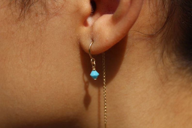 Gold Filled Threader Earring Turquoise Swarovski Crystal Double Piercing Boho Dangle Earring image 3