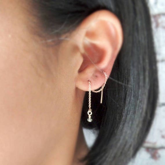 Rose Gold Threader Rose Gold Filled Thread Earring Swarovski Crystal Double Piercing Punk Earring