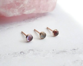 Gold Filled Crystal Studs - 3mm Studs - Gold Gemstone Stud - Garnet - Amethyst - Labradorite - Bridesmaid Earrings