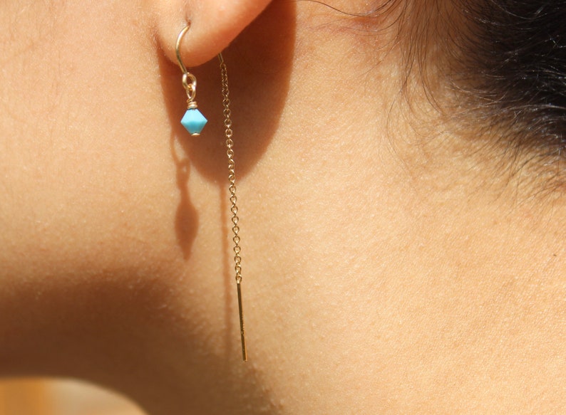 Gold Filled Threader Earring Turquoise Swarovski Crystal Double Piercing Boho Dangle Earring image 2