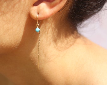 Gold Filled Threader Earring - Turquoise Swarovski Crystal - Double Piercing - Boho Dangle Earring