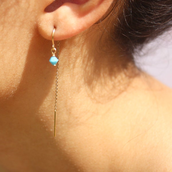 Gold Filled Threader Earring - Turquoise Swarovski Crystal - Double Piercing - Boho Dangle Earring