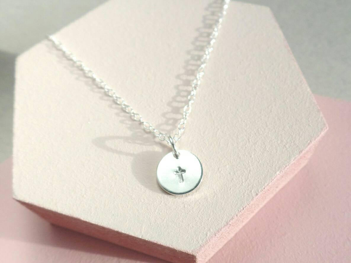 Small Crucifix Necklace Sterling Silver Cross Disc - Etsy UK