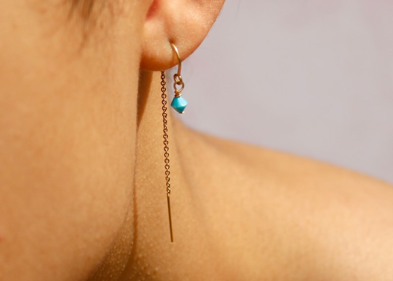 Gold Filled Threader Earring Turquoise Swarovski Crystal Double Piercing Boho Dangle Earring image 4