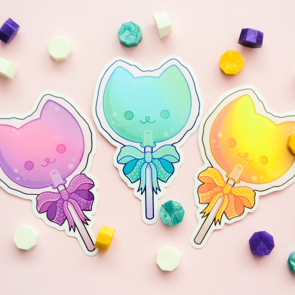 3 PACK | Lollipop Cat Candy | Pink, Yellow, & Blue | Glossy Vinyl Stickers