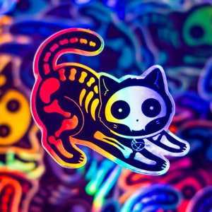 Holographic Black Cat Skeleton | Vinyl Sticker