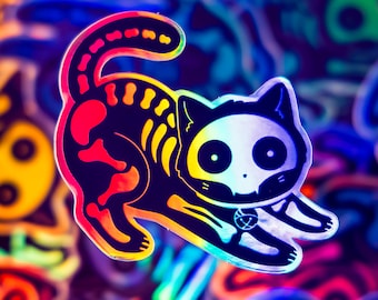 Holographic Black Cat Skeleton | Vinyl Sticker