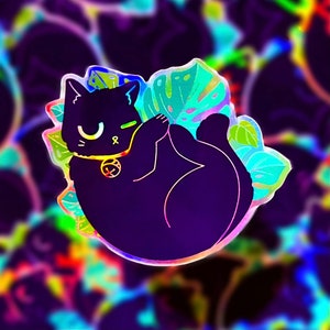 Floral holographique chat noir | Autocollant en vinyle