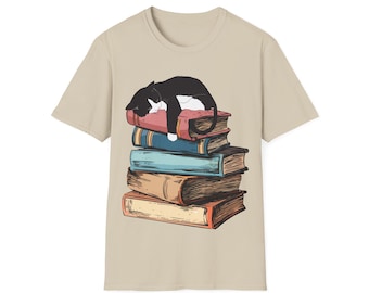 Cat on Books T-Shirt, Book Lover Gift, Unisex Cotton Tee