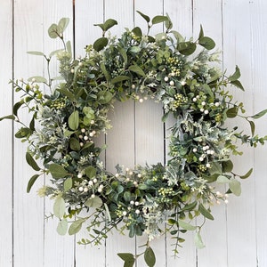 Farmhouse Greenery Wreath, Year Round Greenery and White Berries Wreath For Front Door, Modern Farmhouse Décor, Country Cottage Home Decor