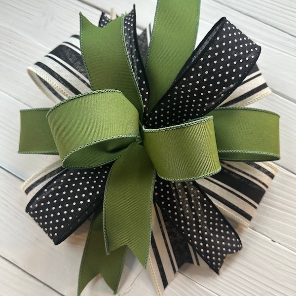 Green, Black, and Cream Wreath Bow, Spring Summer Decor