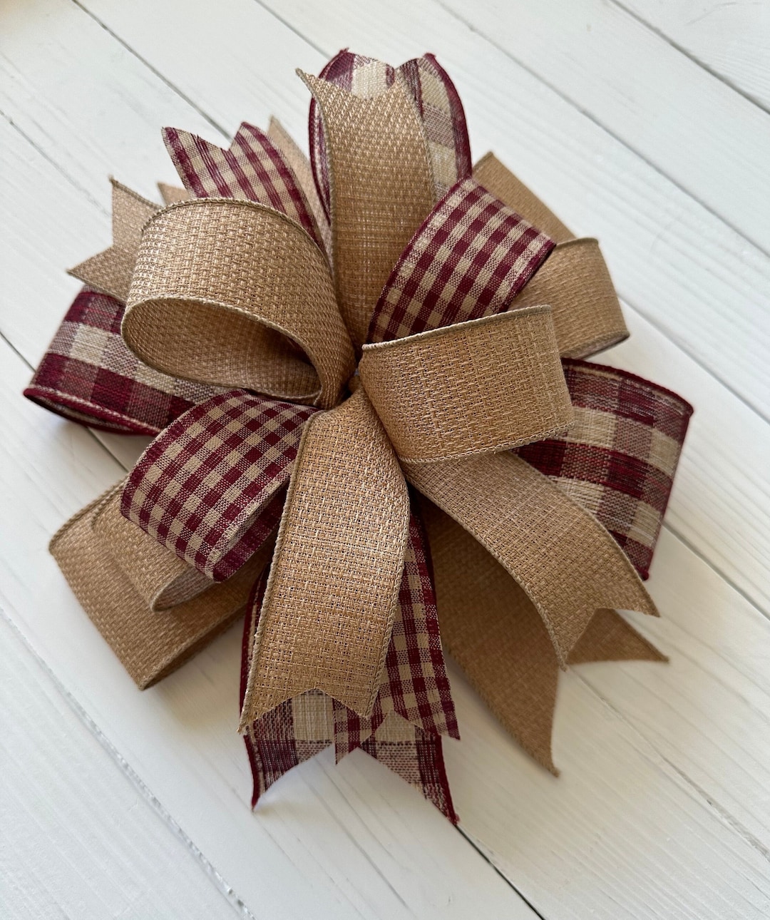 Burgundy and Tan Wreath Bow, Everyday Bow for Wreaths, Plaid Front Door
