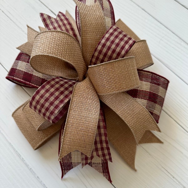 Burgundy and Tan Wreath Bow, Everyday Bow For Wreaths, Plaid Front Door Wreath Bow, Farmhouse Door Hanger Bow, Year Round Bow For Lanterns