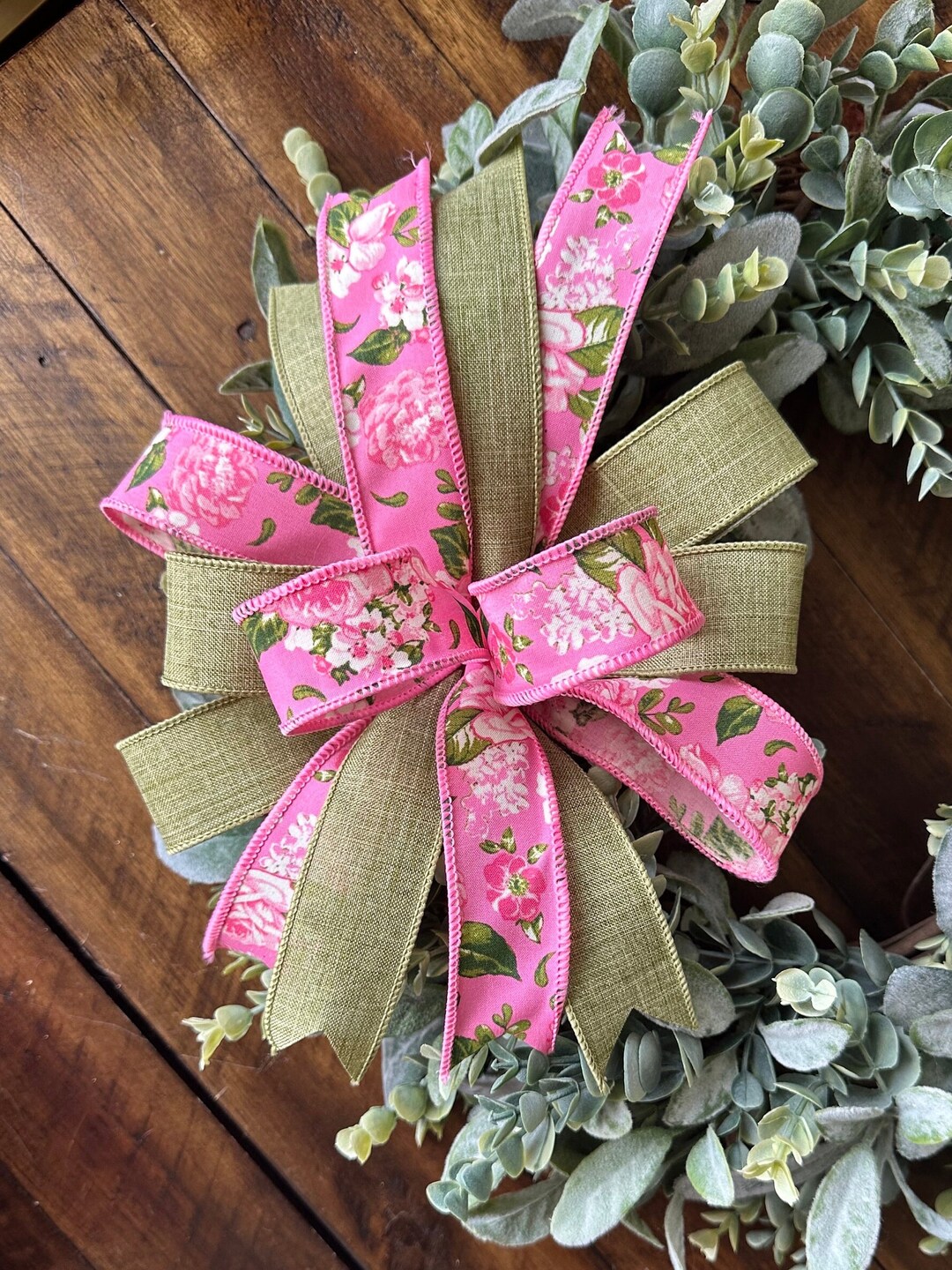 Summer Wreath Bow for Front Door, Pink and Green Floral Bow for Wreaths