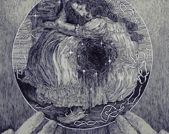 May include: A detailed black and white illustration depicts a figure within a circular frame, held by hands. The figure, with long hair, is dressed in a gown, with a dark vortex at the center. The artwork has a surreal, dreamlike quality.
