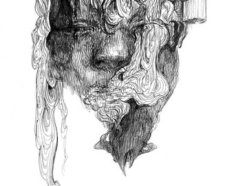May include: A black and white pen and ink drawing of a face with intricate details and swirling lines.