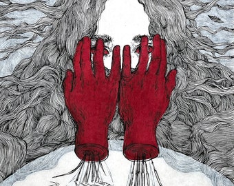 May include: A black and white ink drawing of a woman with long hair covering her face. Her hands are red and are covering her eyes. The hands are connected to a series of lines that extend down from the bottom of the image.