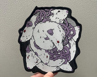 May include: A black and white embroidered patch featuring a group of white rats tangled together with purple string. The rats have red eyes and are depicted in a realistic style.