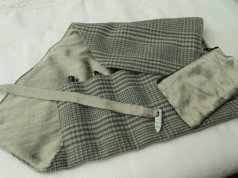 Wool Tweed and Silk with Accessory Pouch Pen Wrap Pen Roll Pen Case
