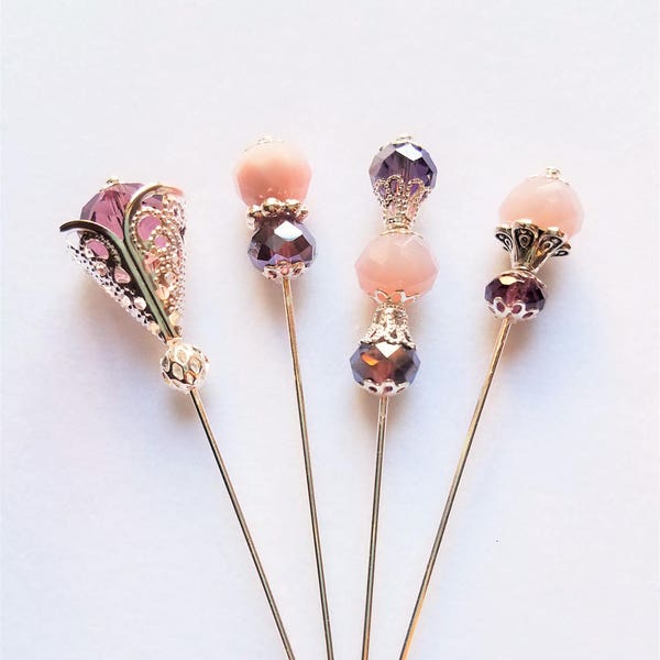 Gold Finished or Silver Plated Shades of Purple 3 Inch Beaded Stick Pins