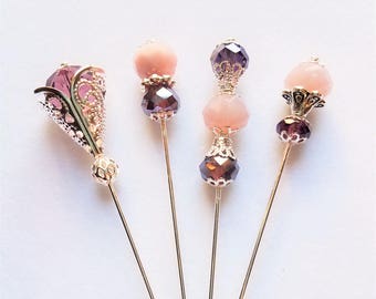 Gold Finished or Silver Plated Shades of Purple 3 Inch Beaded Stick Pins