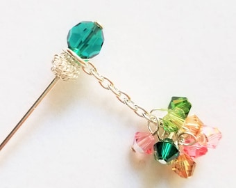 Pink and Green Swarovski Crystal Hat Pin or Stick Pin or Hijab Pin