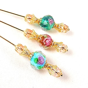 Floral Lampworked Glass and Crystal Beaded Stick Pin