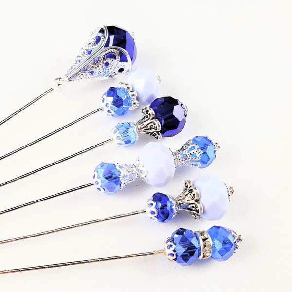 Gold Finished or Silver Plated 3 Inch Stick Pins Shades of Blue Pin Collection