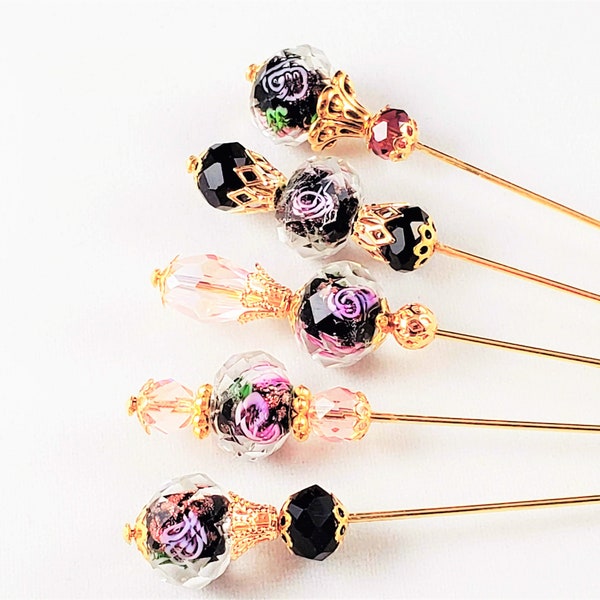 3 Inch Black Floral Faceted Lampworked Glass and Crystal Beaded Stick Pins