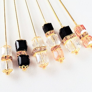 Silver Plated or Gold Finished Cube Crystals and Rhinestones Beaded 3 inch Stick Pins