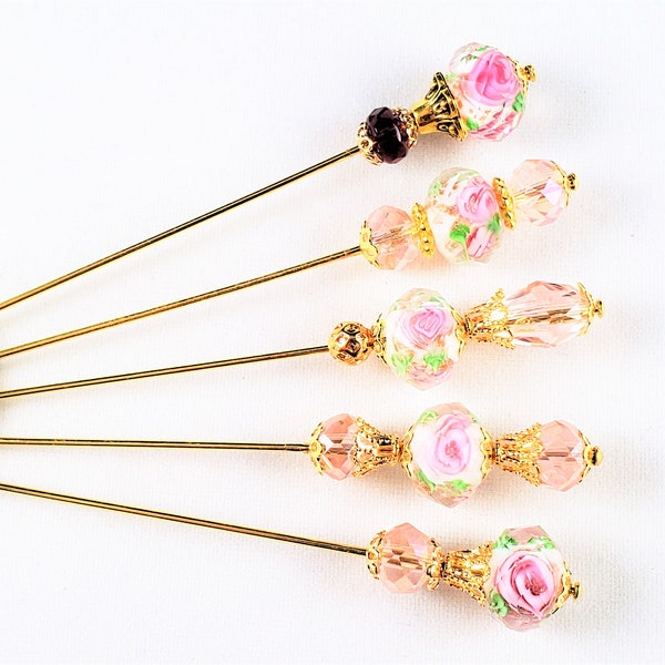 Floral White Faceted Lampworked Glass and Crystal Beaded 3 Inch Stick Pins