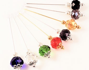 Silver Plated or Gold Finished Large Crystal Beaded Stick Pins