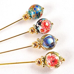 3 Inch Silver Plated or Gold Finished Floral Tensha Bead Stick Pins