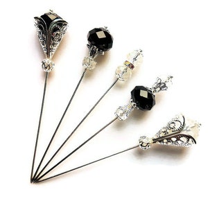 Black and White Glass Beaded Silver Plated or Gold Finished 3 Inch Stick Pins