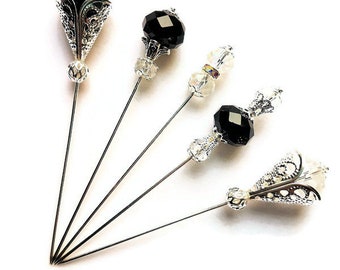 Black and White Glass Beaded Silver Plated or Gold Finished 3 Inch Stick Pins