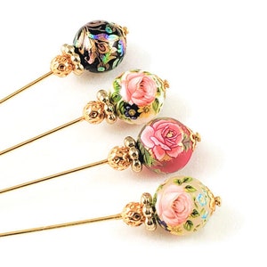 3 INCH Silver Plated or Gold Finished Floral Design Tensha Bead Stick Pins