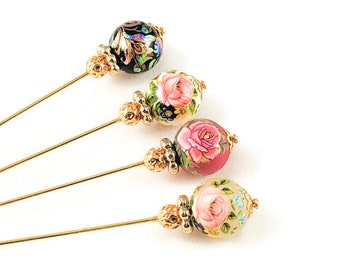 3 INCH Silver Plated or Gold Finished Floral Design Tensha Bead Stick Pins