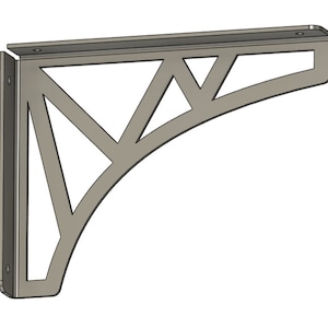 Op de afbeelding: Een metalen plankensteun met een geometrisch ontwerp. De steun is gemaakt van staal en heeft een zilveren afwerking. Het is ontworpen om een plank of een andere constructie te dragen.